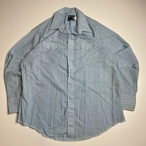 Vintage 80s Wrangler Cowboy Pearl Snap Button Up Shirt Long Tails L Blue 17.5-35